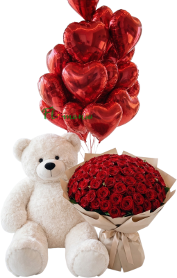 101 роза с шариками и медведем «Счастье в полном объеме»